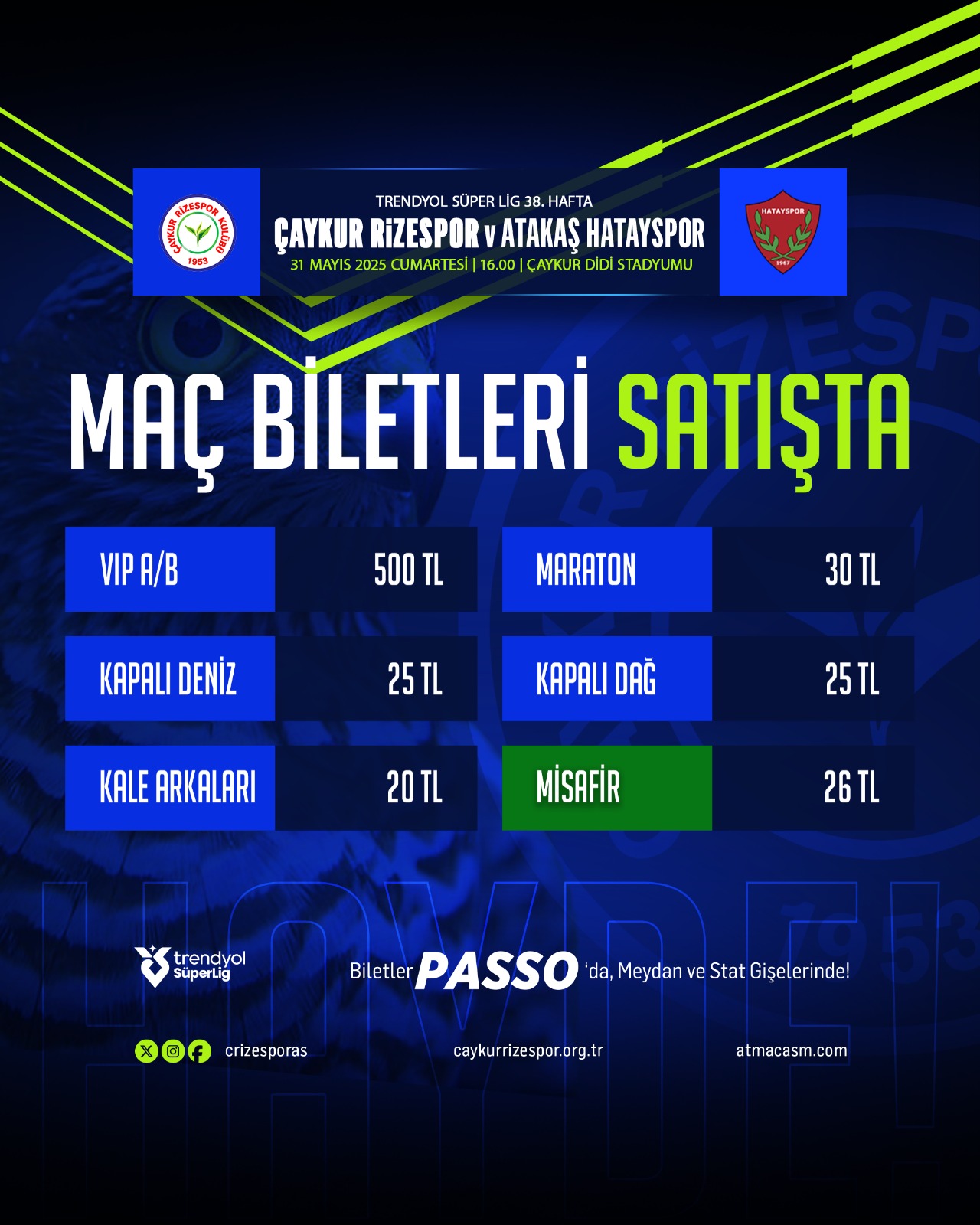 Çaykur Rizespor – Atakaş Hatayspor maçının biletleri satışta