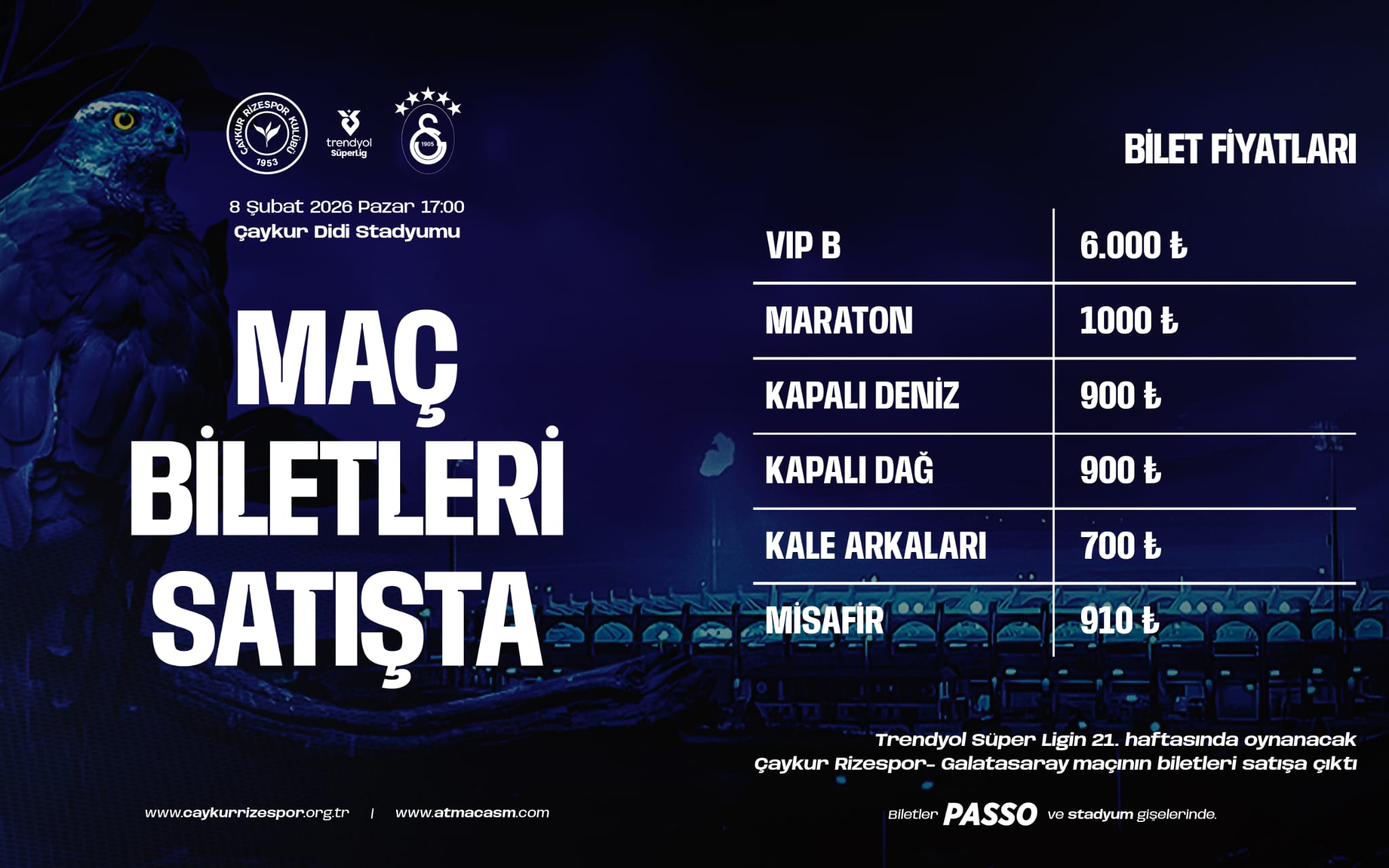 Çaykur Rizespor ile Galatasaray arasında 8 Şubat 2026 Pazar günü