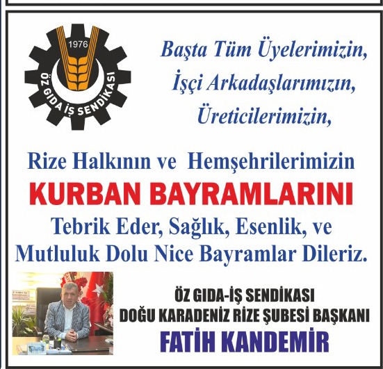 Öz Gıda İş Rize Şube Başkanı Fatih Kandemir'den kutlama